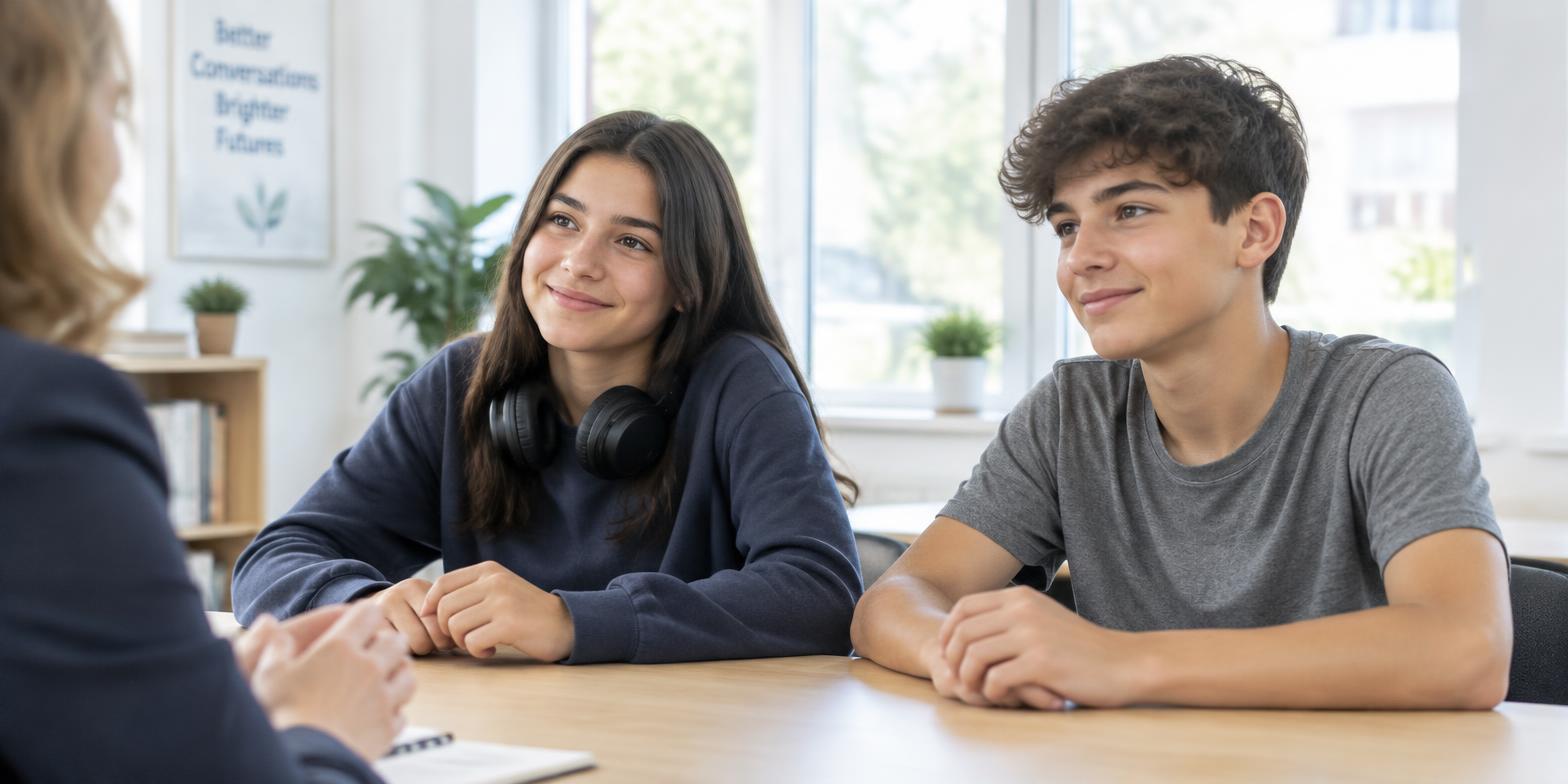 Two teenagers talking with a mediator during a child inclusive mediation session