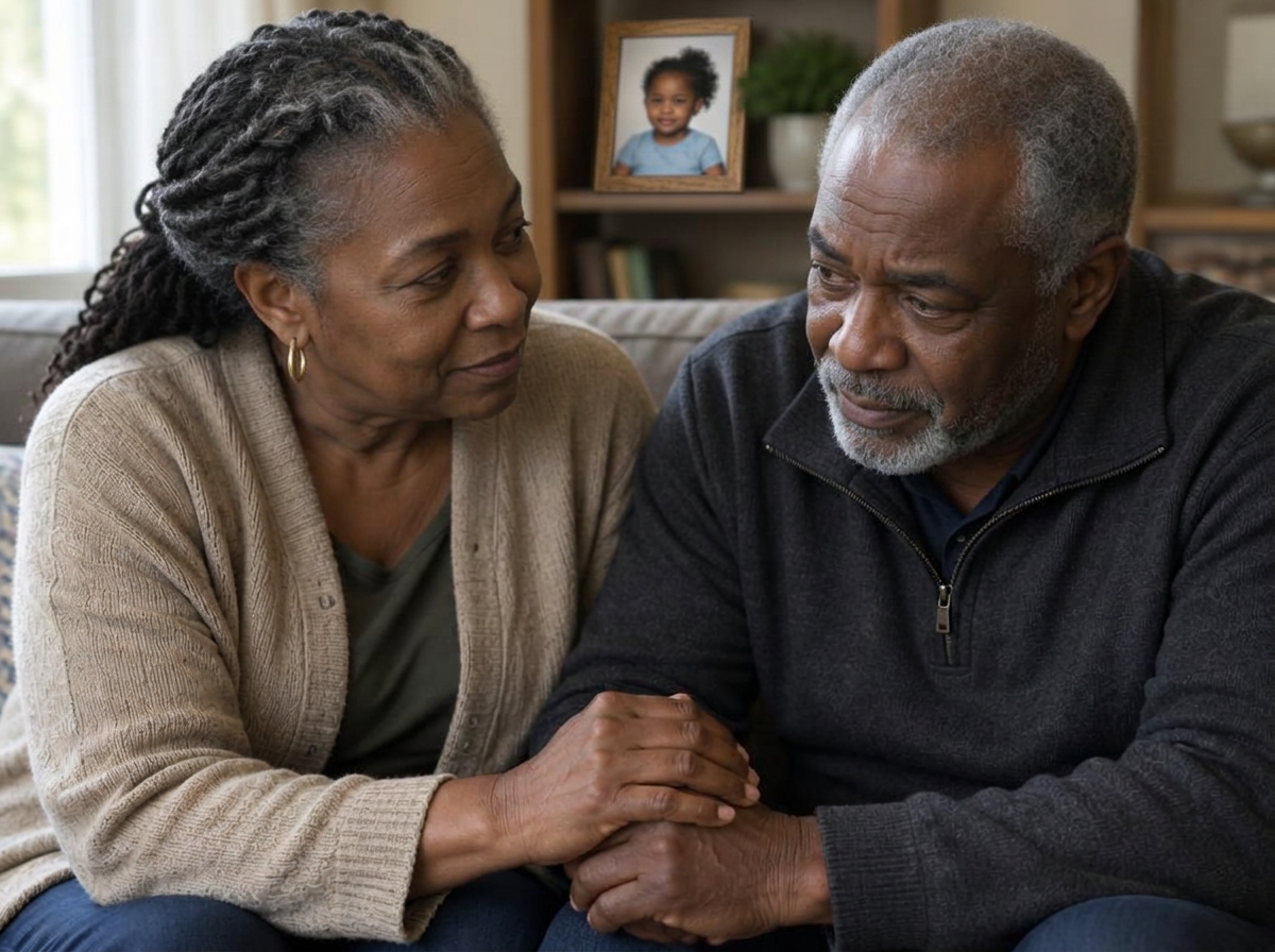 Grandparents united in worried conversation at home