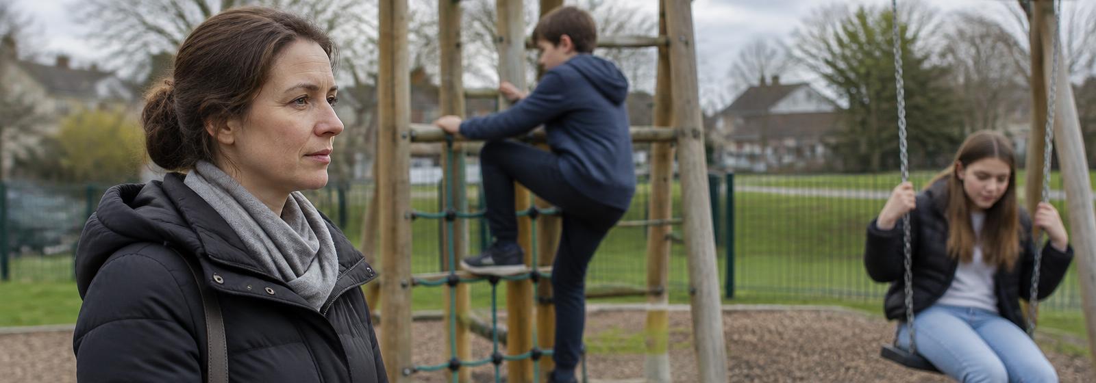 A single parent watching her two children play at the playground