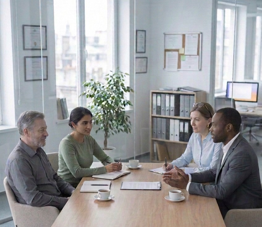 A workplace mediation meeting: an employee and her colleague sit with a manager and an HR representative, documents and tea shared on the table between them